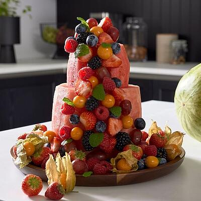 Torte aus Wassermelone mit weiteren Früchten verziert.