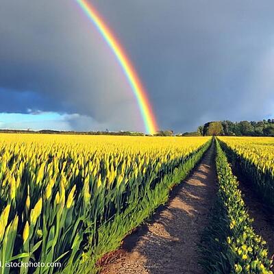 Blumenfeld mit Regenbogen. KI generiertes Bild.