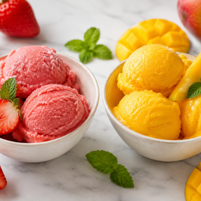 Veganes Erdbeer und Mango Sorbet zum Verzehr serviert