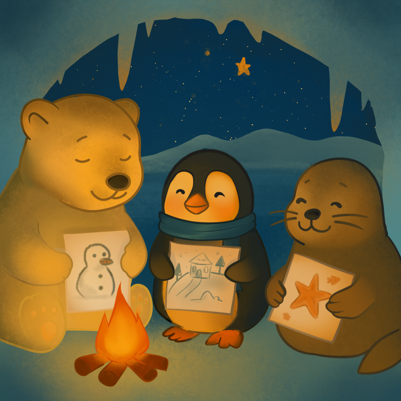 Ein Eisbär, Pinguin und eine Robbe sitzen am Lagerfeuer in einer Eishöhle am Nordpol.