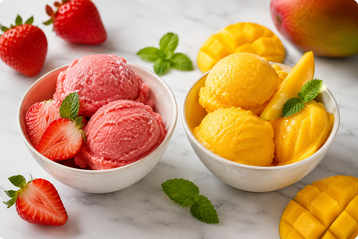 Veganes Erdbeer und Mango Sorbet zum Verzehr serviert