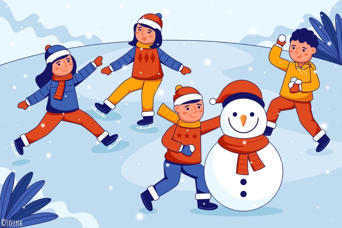Kindergeburtstag Spiele Ideen Grafik von Kindenr, die mit einem Schneemann Schlittschuh laufen